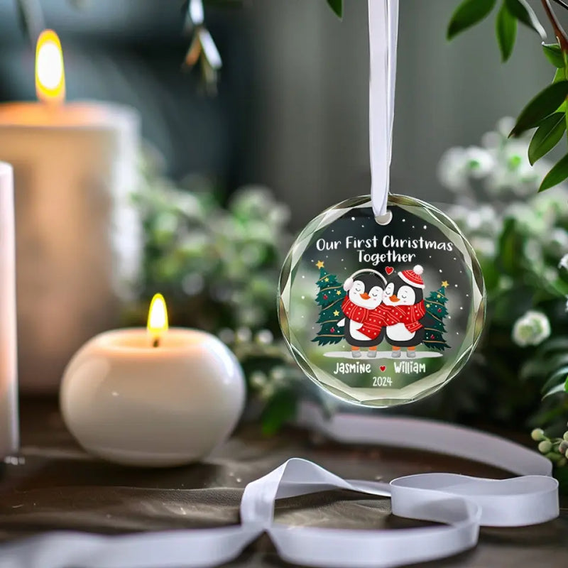 Custom Name Penguin Christmas Couple Gifts - Personalized Glass Ornament
