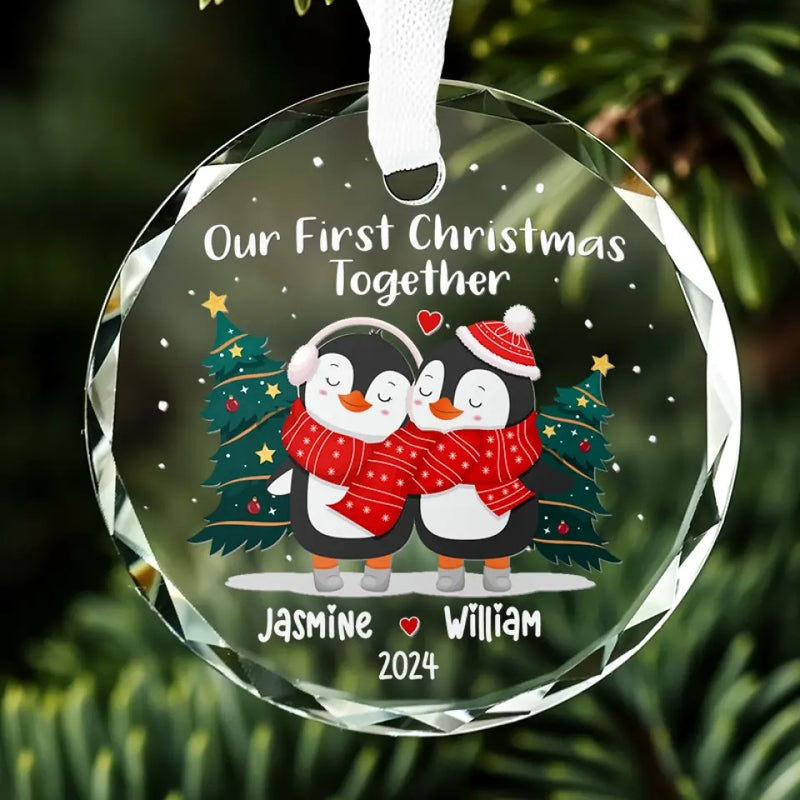 Custom Name Penguin Christmas Couple Gifts - Personalized Glass Ornament