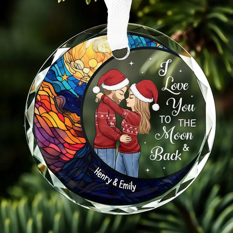 Custom Love You to the Moon and Back Christmas Couple Gifts - Personalized Glass Ornament