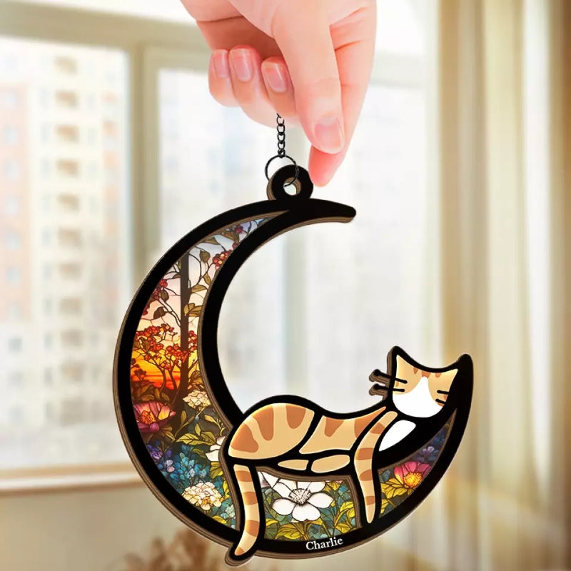 Custom Name Cat Crescent Moon Gifts for Cat Lovers - Personalized Suncatcher Ornament