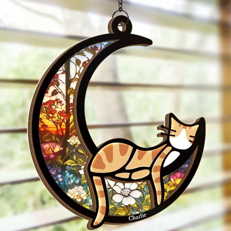 Custom Name Cat Crescent Moon Gifts for Cat Lovers - Personalized Suncatcher Ornament