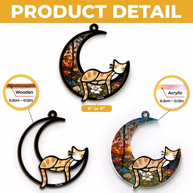 Custom Name Cat Crescent Moon Gifts for Cat Lovers - Personalized Suncatcher Ornament