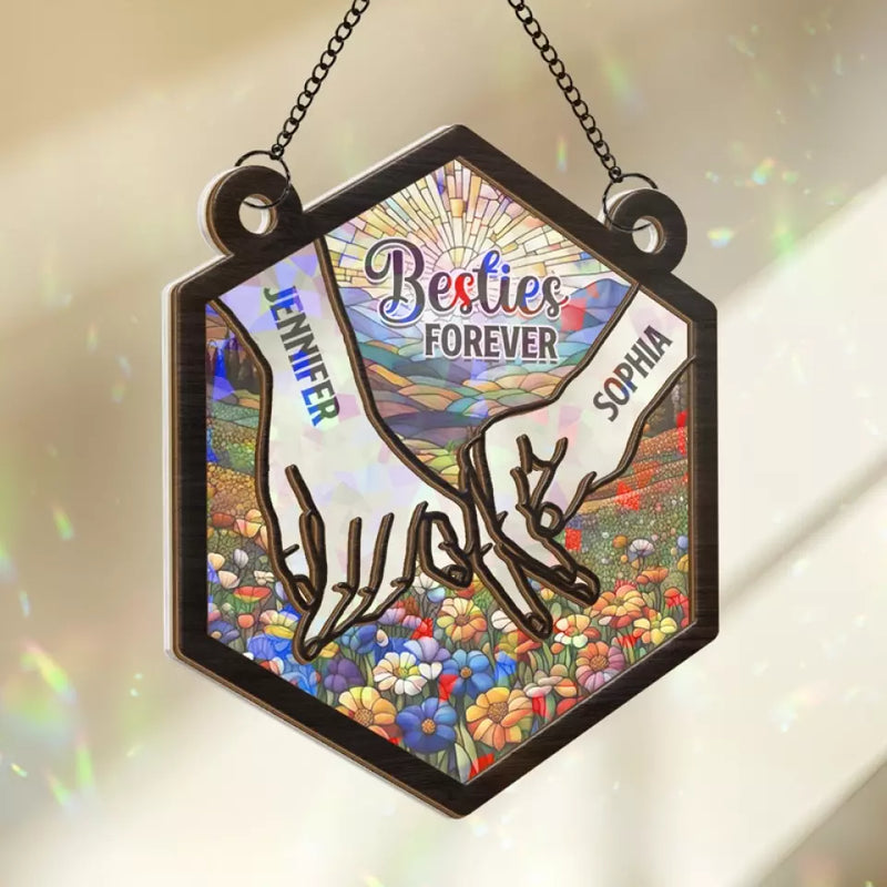 Custom Name Besties Forever Gifts for Best Friends - Personalized Window Hanging Suncatcher