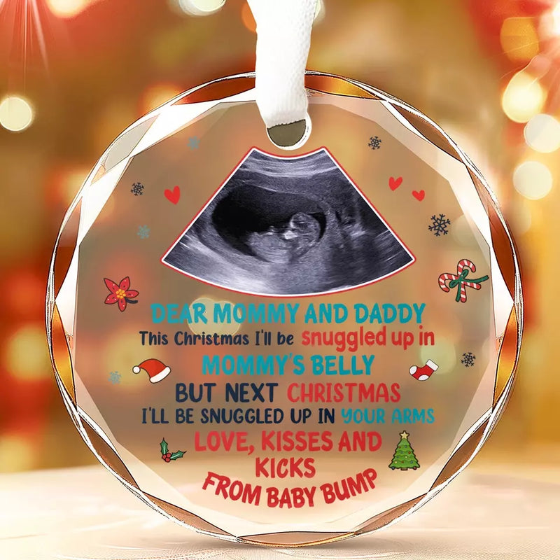Custom Photo This Christmas I'll Be Snuggled In Mommy's Belly - Family Personalized Custom Circle Glass Ornament - Christmas Gift For Baby Kids, Newborn Baby