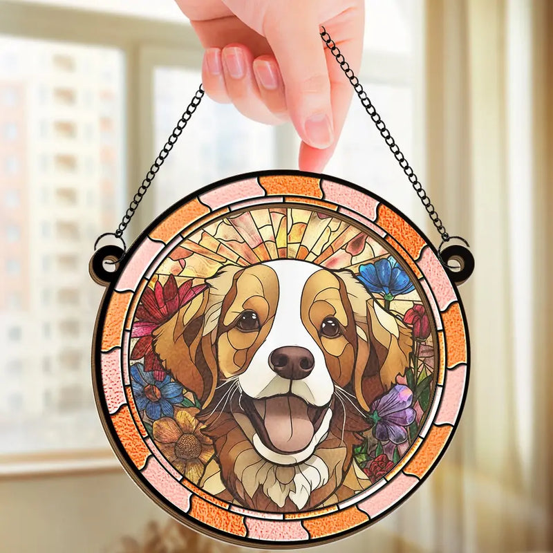 Brown and White Dog Floral Garden Decor - Suncatcher Ornament