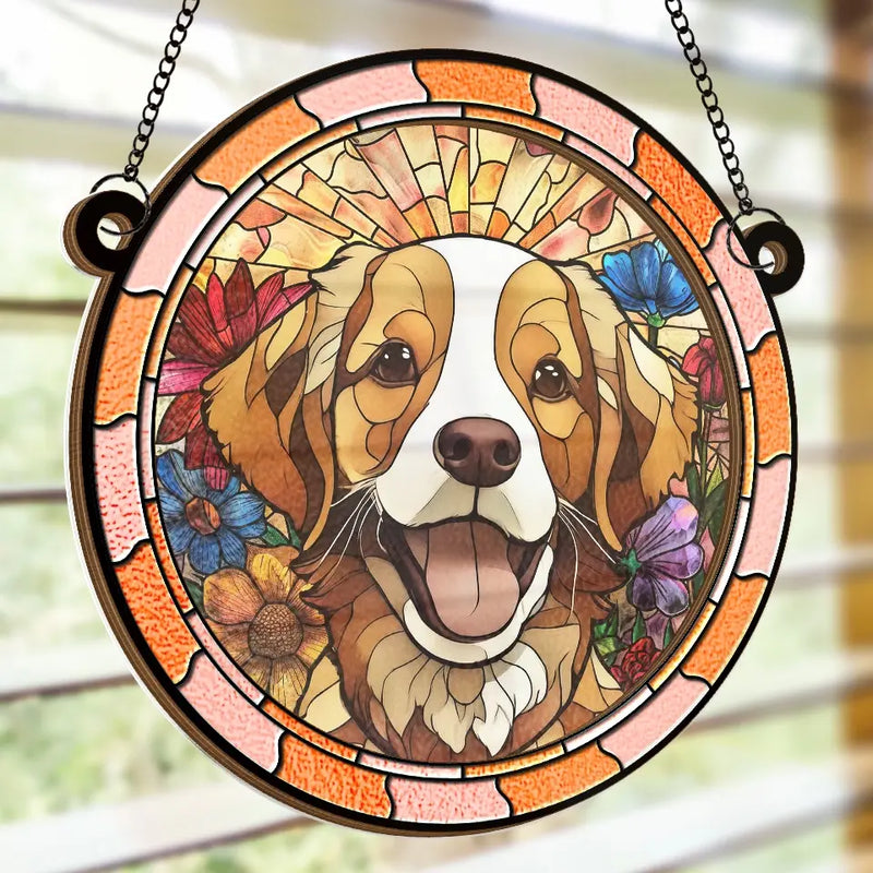 Brown and White Dog Floral Garden Decor - Suncatcher Ornament