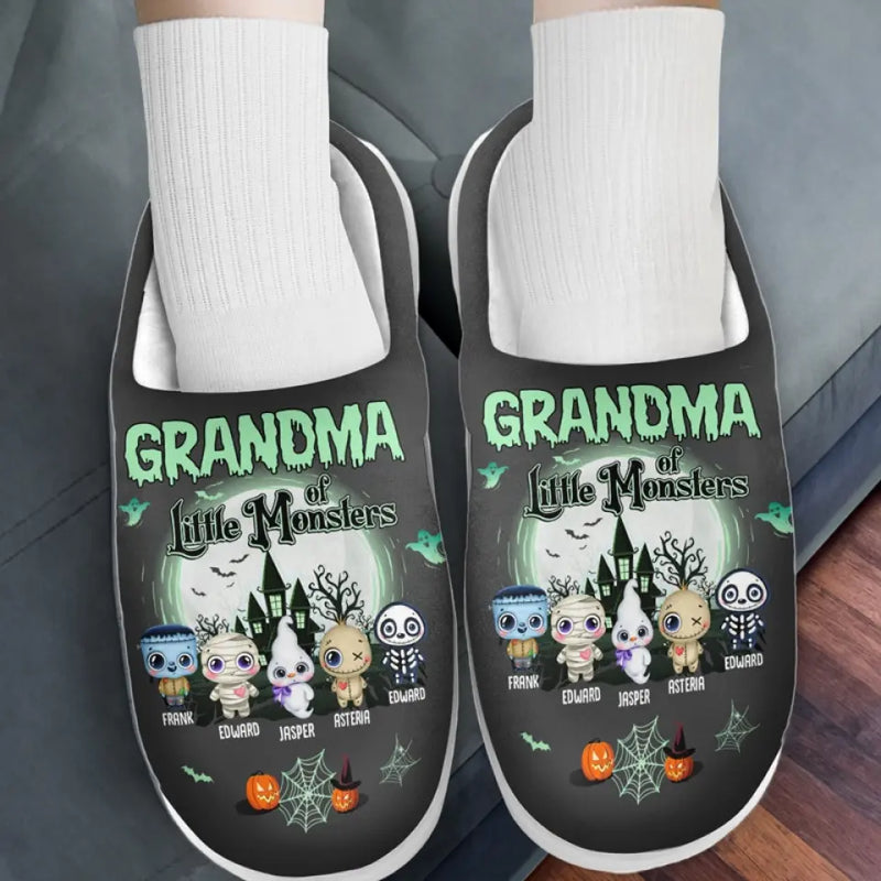 Grandma Of Little Monsters - Family Personalized Custom Fluffy Slippers - Halloween Gift For Mom, Grandma