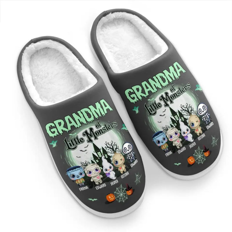 Grandma Of Little Monsters - Family Personalized Custom Fluffy Slippers - Halloween Gift For Mom, Grandma