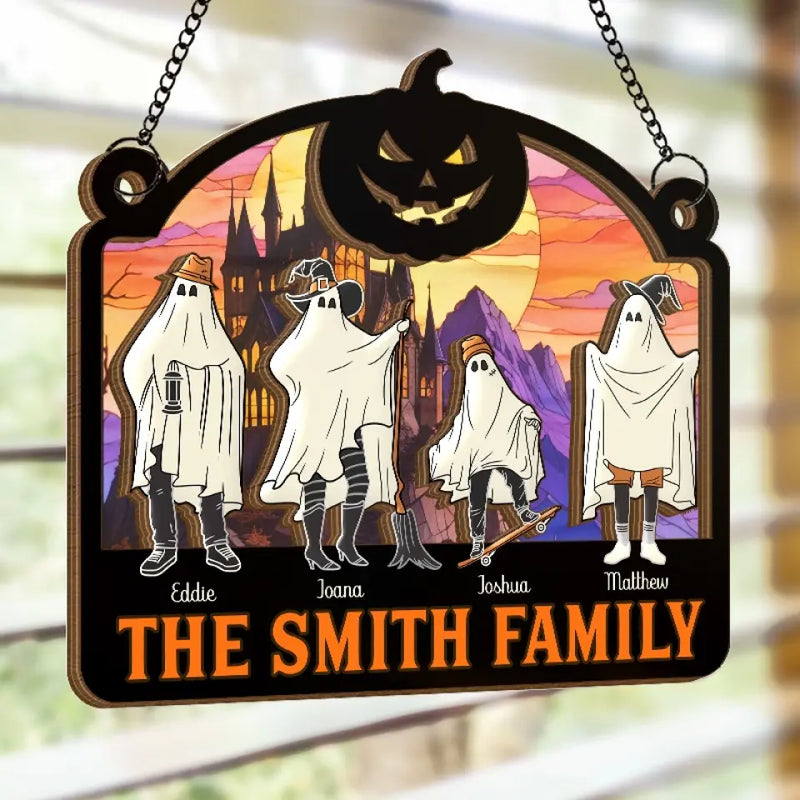 We're Hiding In The Walls, Creeping Out At Midnight - Family Personalized Window Hanging Suncatcher - Halloween Gift For Family Members