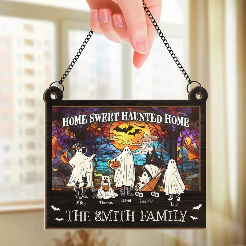 Home Sweet Haunted Home - Family Personalized Window Hanging Suncatcher - Halloween Gift For Family Members