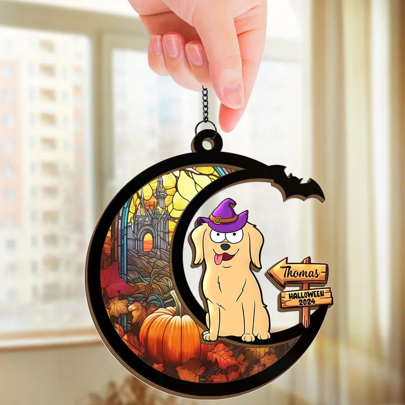 Custom Name Halloween Witch Dog Gifts for Dog Lovers - Personalized Suncatcher Ornament