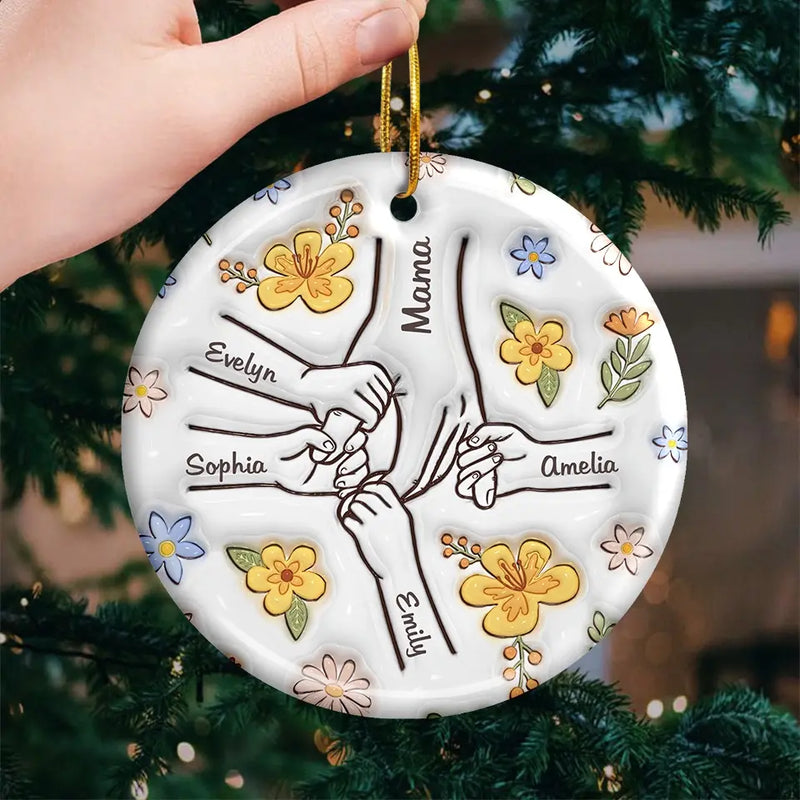 Holding My Mother's Hand, I Hold The World - Family Personalized Custom 3D Inflated Effect Printed Ornament - Ceramic Round Shaped - Christmas Gift For Mom, Grandma