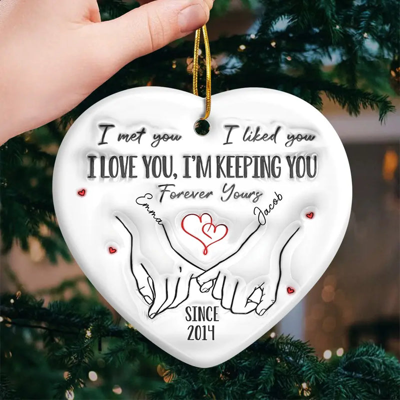Merry And Bright, With You By My Side - Couple Personalized Custom 3D Inflated Effect Printed Ornament - Ceramic Heart Shaped - Christmas Gift For Husband Wife, Anniversary