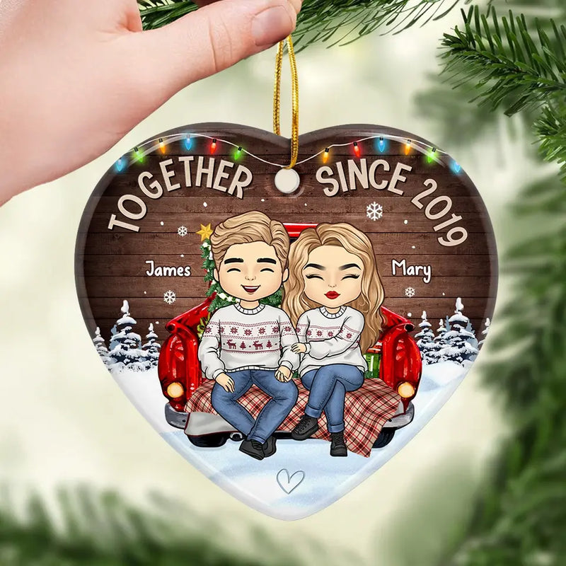 Our Love Is The Star That Shines Brightest During Christmas - Couple Personalized Custom Ornament - Ceramic Heart Shaped - Christmas Gift For Husband Wife, Anniversary