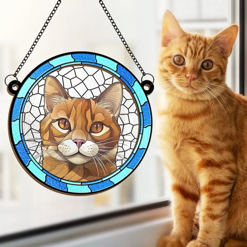 Custom Photo A Heartbeat At My Feet - Memorial Personalized Window Hanging Suncatcher Ornament - Sympathy Gift For Pet Owners, Pet Lovers