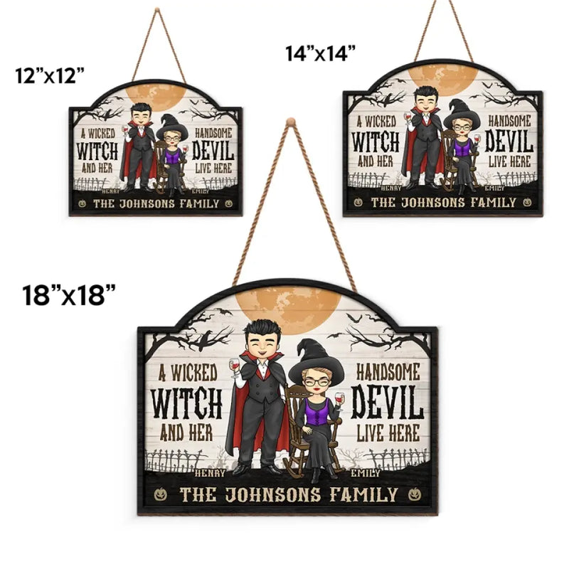 Custom Name Halloween Witch and Devil Couple Gifts - Personalized Wood Sign