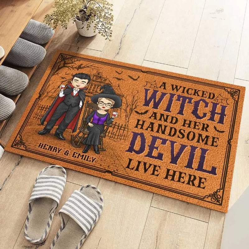 A Wicked Witch And Her Handsome Devil Live Here - Couple Personalized Custom Home Decor Decorative Mat - Halloween Gift For Husband Wife, Anniversary