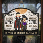 Custom Name Halloween Witch and Devil Couple Gifts - Personalized Wood Sign