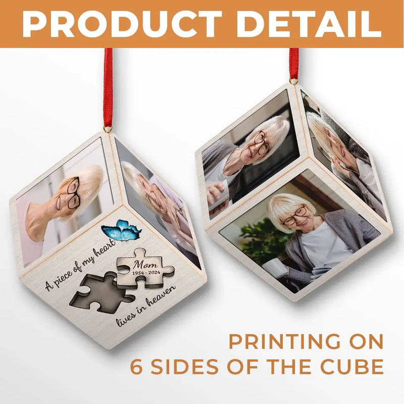 Custom Photo A Piece Of My Heart - Memorial Personalized Custom Wooden Cube Ornament - Sympathy Gift, Christmas Gift For Family Members