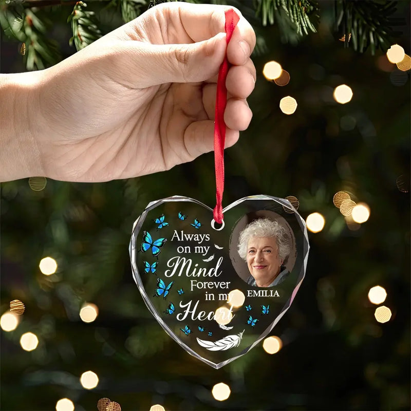 Custom Photo Never Forgotten, Forever Loved - Memorial Personalized Custom Heart Glass Ornament - Sympathy Gift, Christmas Gift For Family Members
