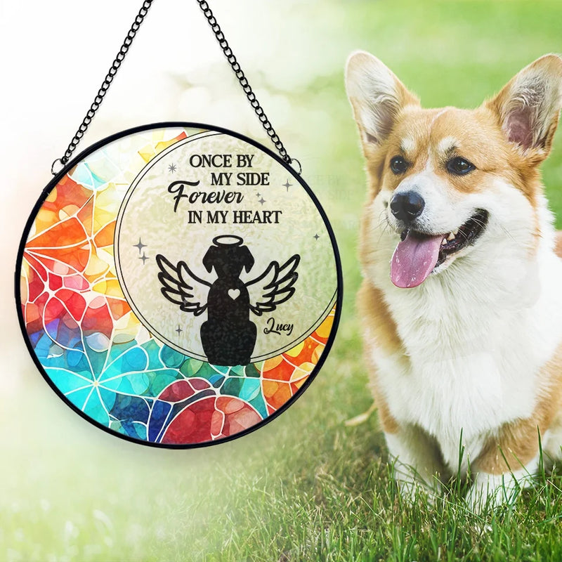 Forever In My Heart, Never Forgotten - Memorial Personalized Custom Stained Glass Window Hanging Suncatcher - Sympathy Gift For Pet Owners, Pet Lovers