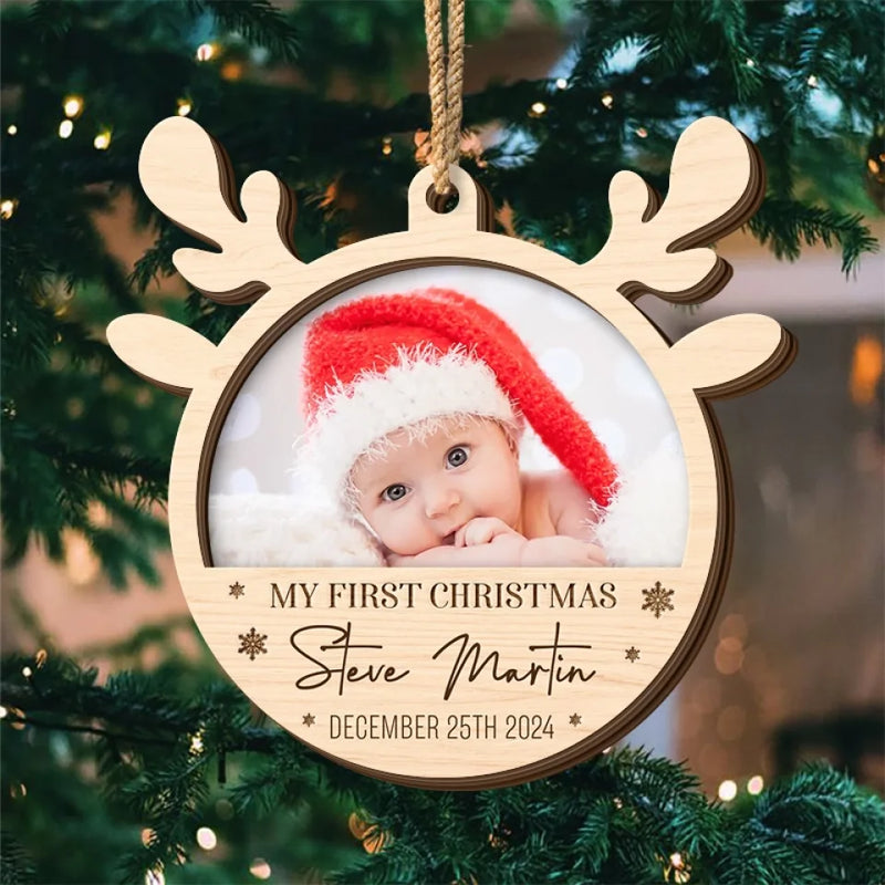 Custom Photo Our Little Reindeer Is Ready For Their First Sleigh Ride! - Family Personalized Custom Shaped 2 Layered Wood Christmas Ornament - Christmas Gift For Baby Kids, Newborn Baby