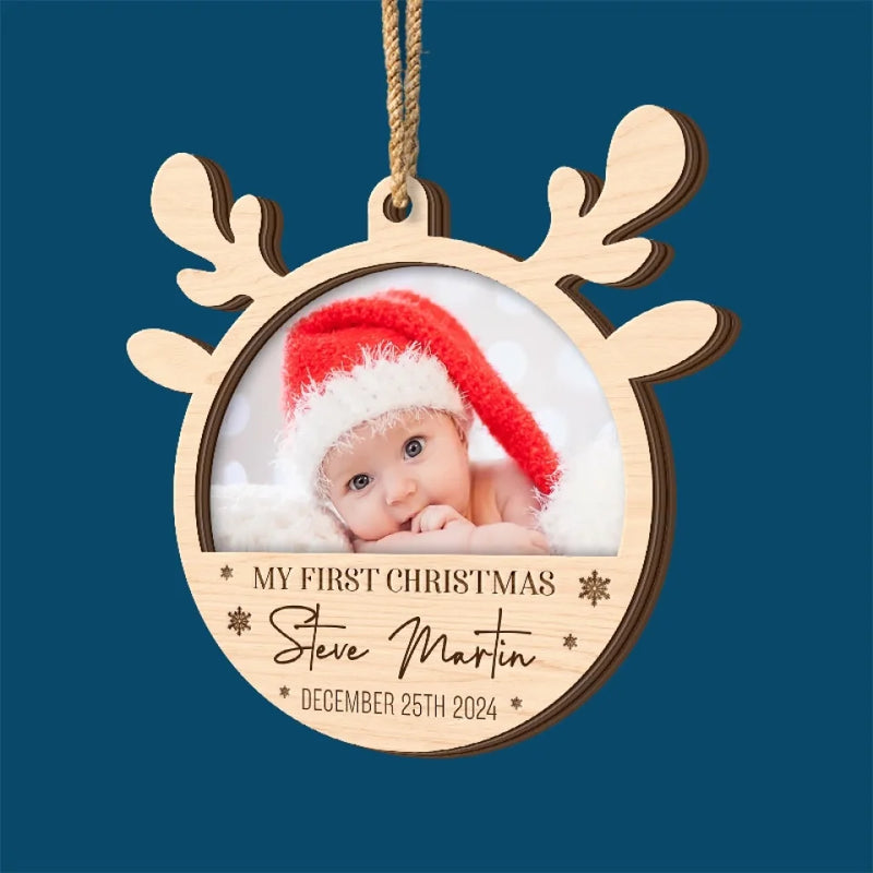 Custom Photo Our Little Reindeer Is Ready For Their First Sleigh Ride! - Family Personalized Custom Shaped 2 Layered Wood Christmas Ornament - Christmas Gift For Baby Kids, Newborn Baby