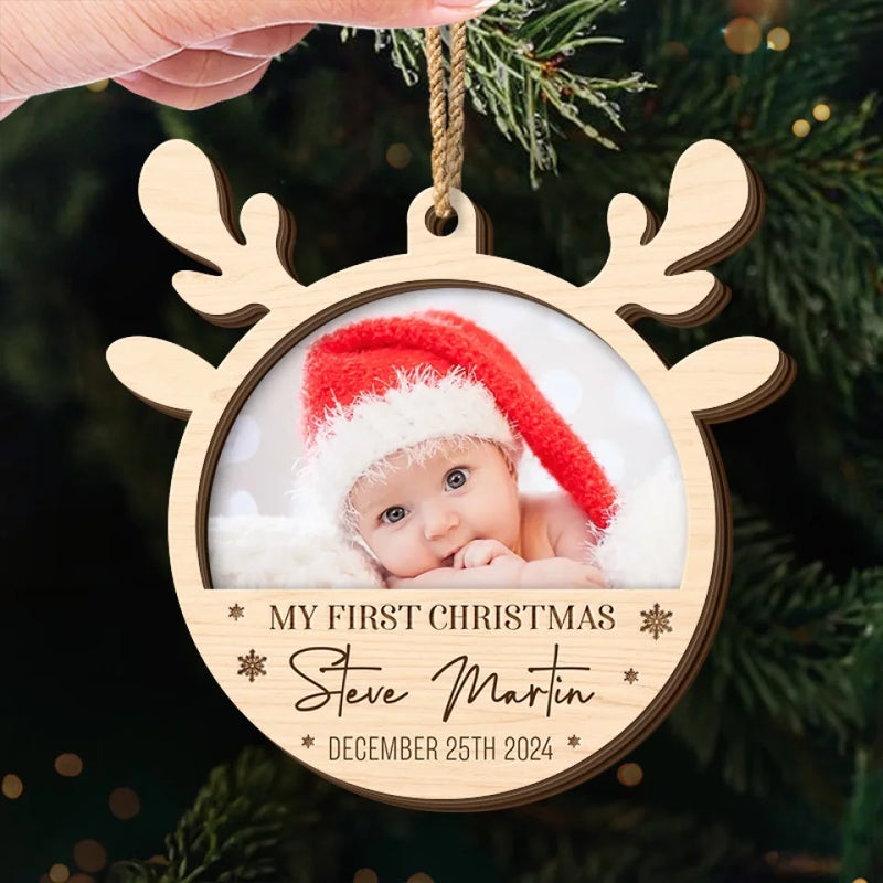 Custom Photo Our Little Reindeer Is Ready For Their First Sleigh Ride! - Family Personalized Custom Shaped 2 Layered Wood Christmas Ornament - Christmas Gift For Baby Kids, Newborn Baby