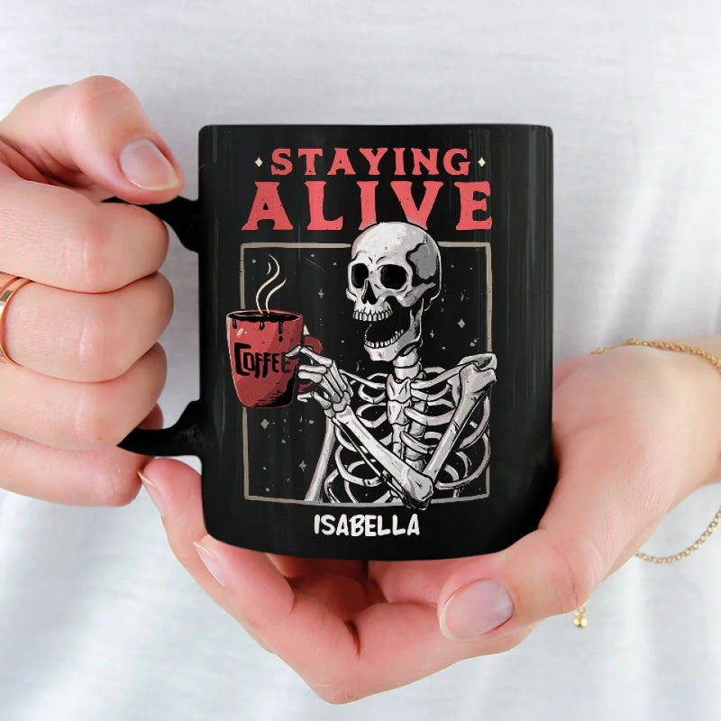 Feeling Fabulous, Down To The Bone - Family Personalized Custom Black Mug - Halloween Gift For Family Members