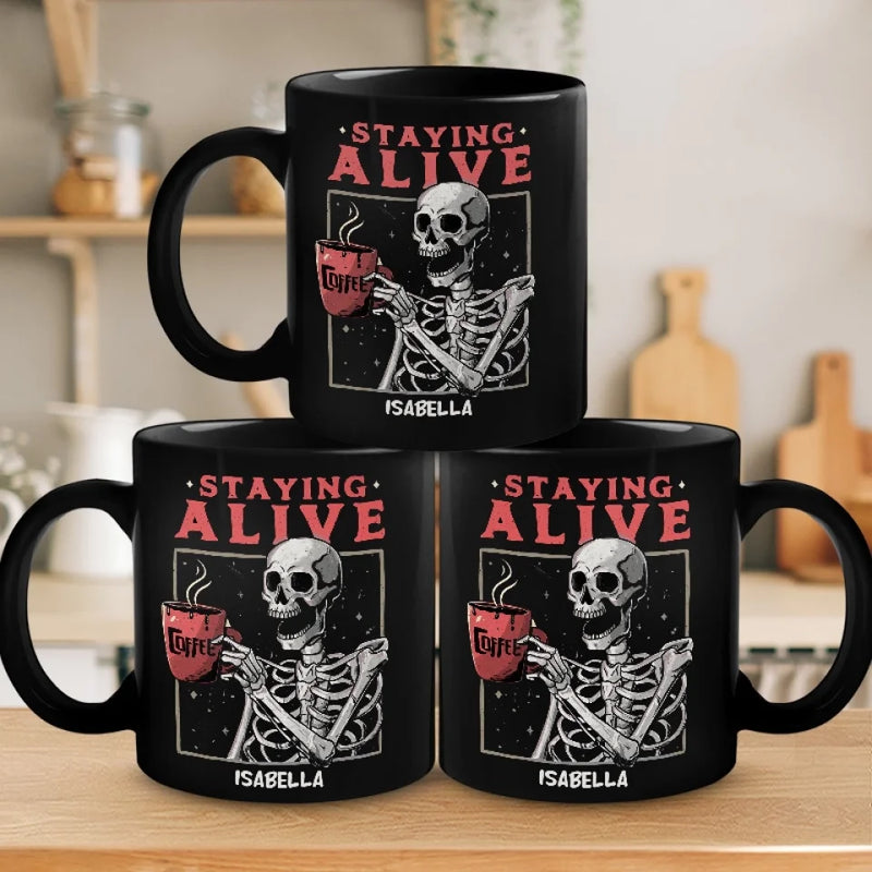 Feeling Fabulous, Down To The Bone - Family Personalized Custom Black Mug - Halloween Gift For Family Members