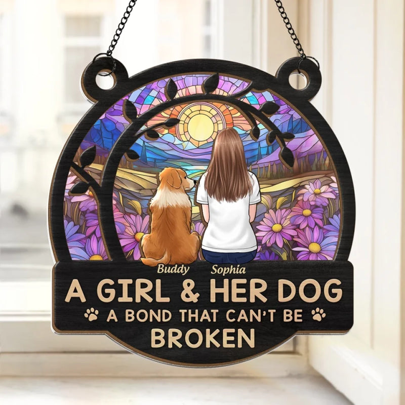 Custom Name Girl and Her Dog Gifts - Personalized Suncatcher Ornament