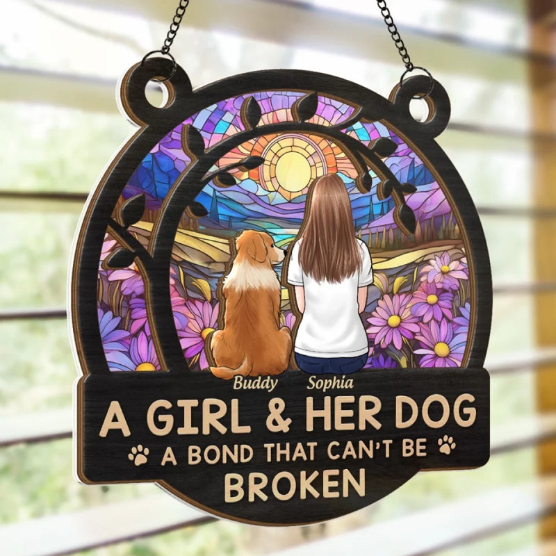 Custom Name Girl and Her Dog Gifts - Personalized Suncatcher Ornament