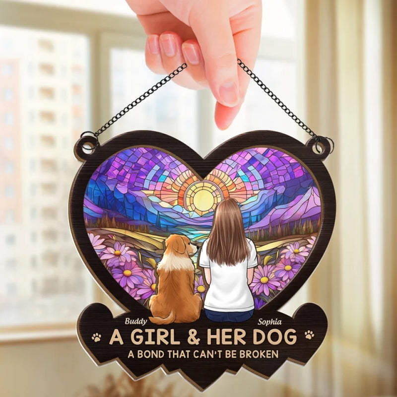 Custom Name Girl and Her Dog Gifts - Personalized Suncatcher Ornament