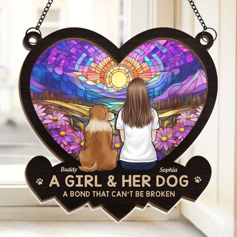 Custom Name Girl and Her Dog Gifts - Personalized Suncatcher Ornament