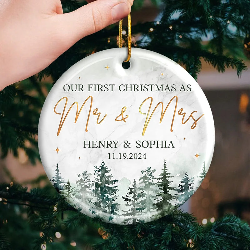 First Christmas Married - Couple Personalized Custom Ornament - Ceramic Round Shaped - Christmas Gift For Husband Wife, Anniversary, First Christmas