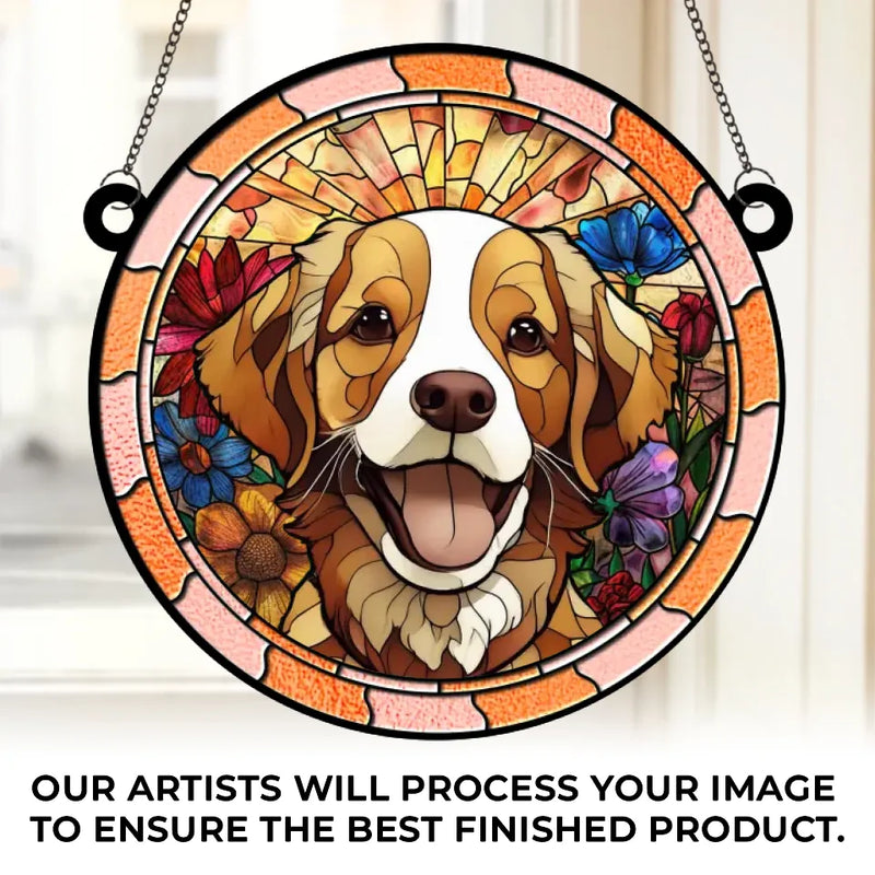 Brown and White Dog Floral Garden Decor - Suncatcher Ornament