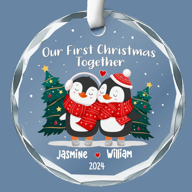 Custom Name Penguin Christmas Couple Gifts - Personalized Glass Ornament