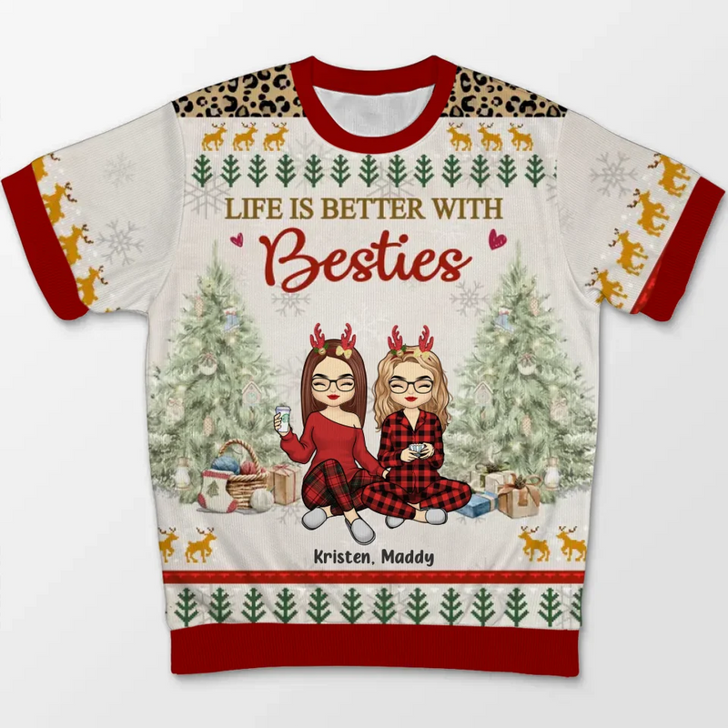 Life Is Better With Besties - Bestie Personalized Custom All Over Print Adult Short Sleeve Sweater - Christmas Gift For Best Friends, BFF, Sisters