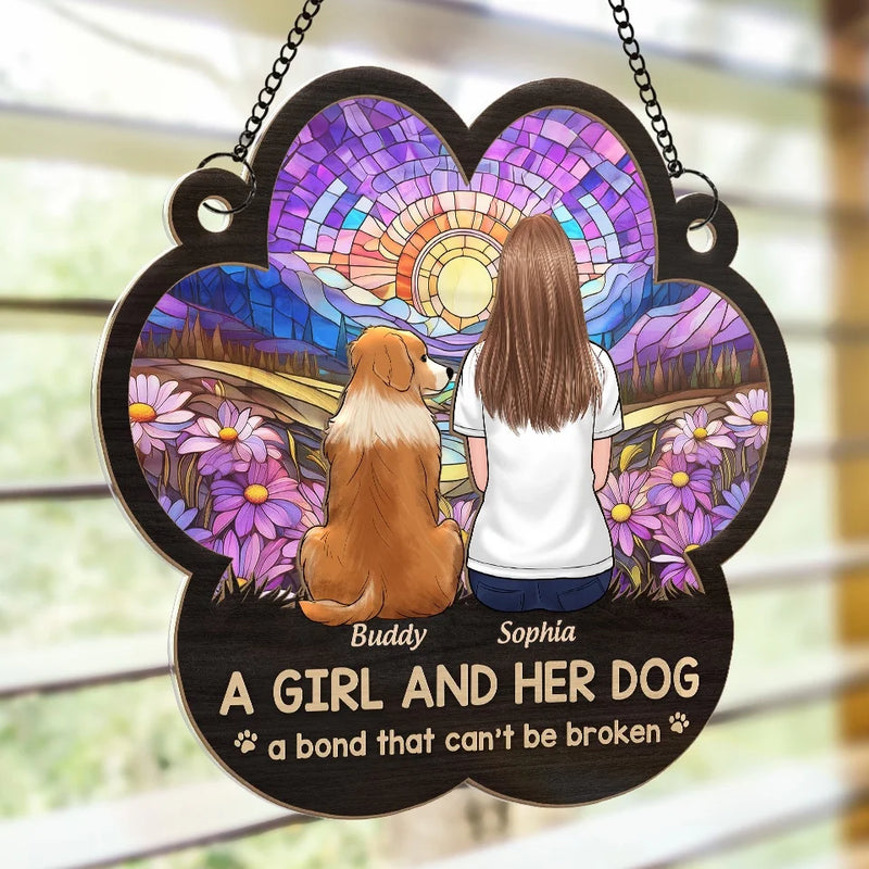 Custom Name Girl and Her Dog Gifts for Dog Lovers - Personalized Suncatcher Ornament