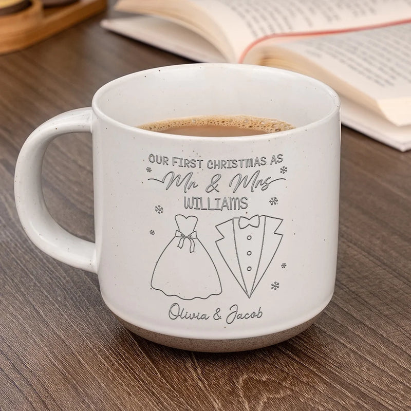 Here’s To Cozy Mornings And Warm Moments - Couple Personalized Custom Pottery Mug - Christmas Gift For Husband Wife, Anniversary, First Christmas