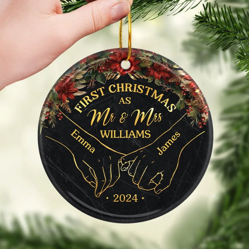 Custom Name First Christmas as Mr & Mrs Couple Gifts - Personalized Ceramic Ornament