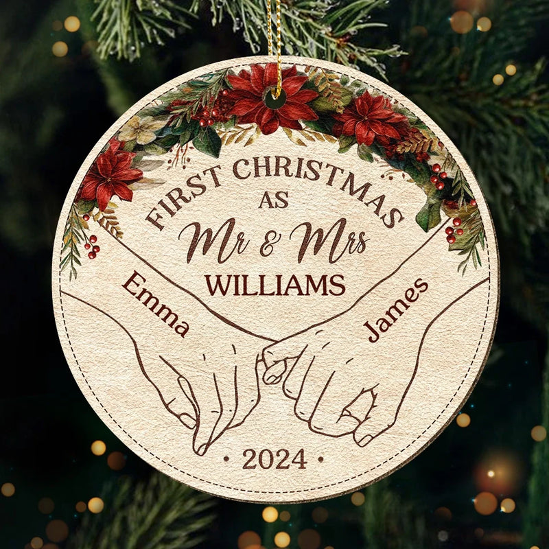 Custom Name First Christmas Gifts for Newlyweds - Personalized Leather Ornament