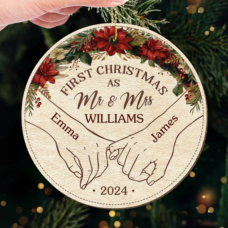 Custom Name First Christmas Gifts for Newlyweds - Personalized Leather Ornament