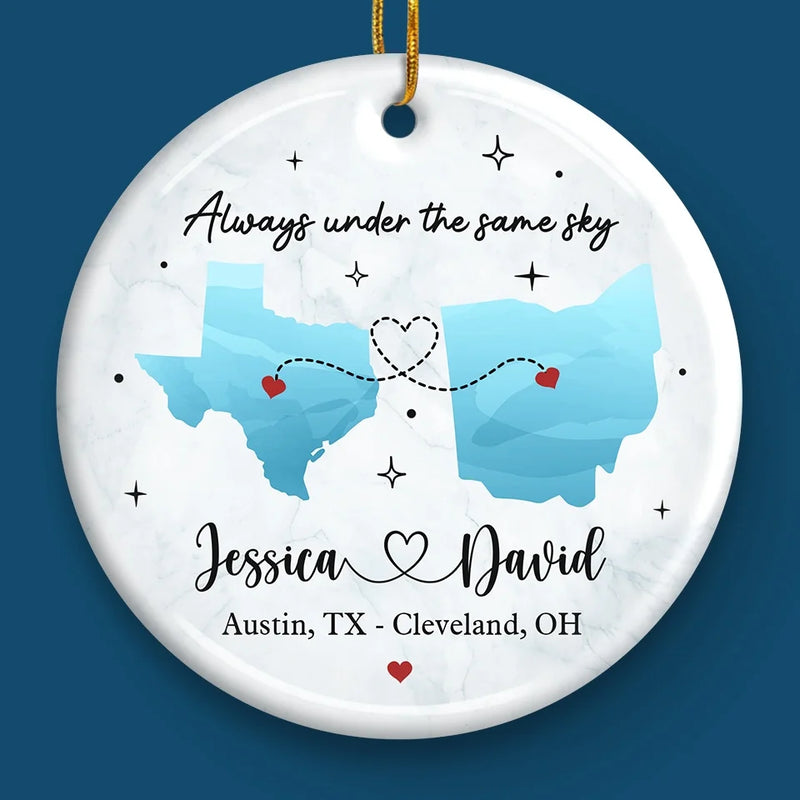 Miles Apart, But Closer Than Ever At Heart - Couple Personalized Custom Ornament - Ceramic Round Shaped - Christmas Gift For Husband Wife, Anniversary