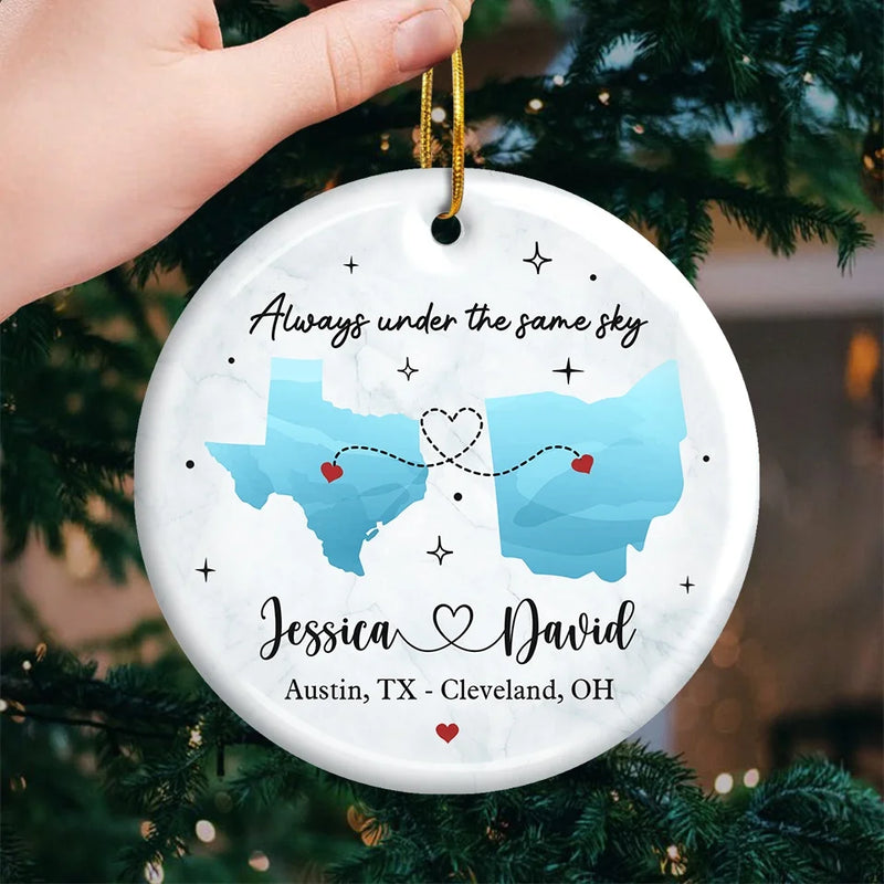 Miles Apart, But Closer Than Ever At Heart - Couple Personalized Custom Ornament - Ceramic Round Shaped - Christmas Gift For Husband Wife, Anniversary