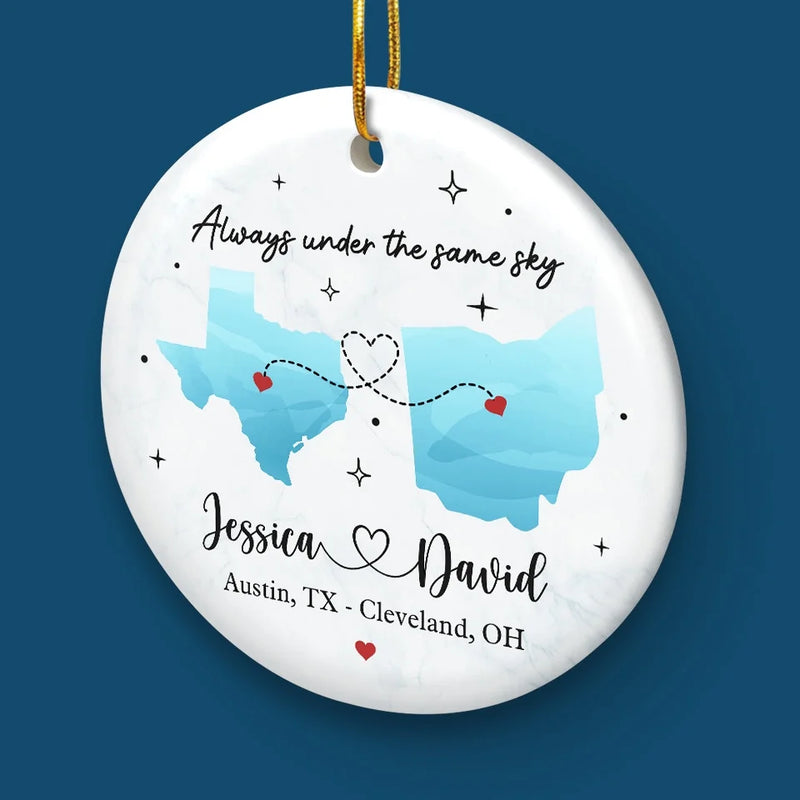 Miles Apart, But Closer Than Ever At Heart - Couple Personalized Custom Ornament - Ceramic Round Shaped - Christmas Gift For Husband Wife, Anniversary