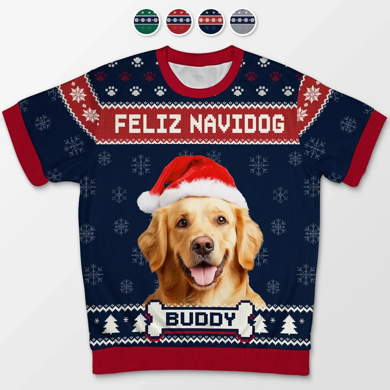 Custom Photo Feliz Navidog - Dog Personalized Custom All Over Print Adult Short Sleeve Sweater - Christmas Gift For Pet Owners, Pet Lovers