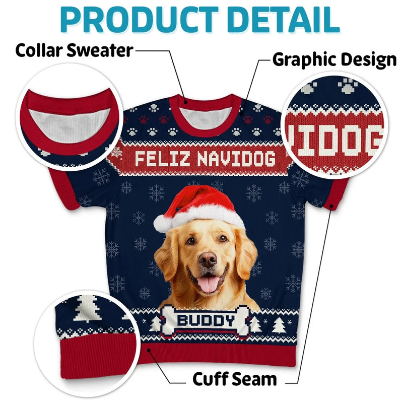Custom Photo Feliz Navidog - Dog Personalized Custom All Over Print Adult Short Sleeve Sweater - Christmas Gift For Pet Owners, Pet Lovers