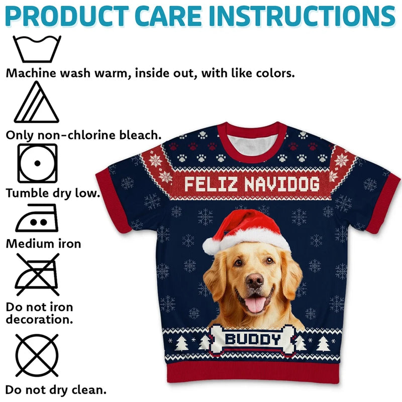 Custom Photo Feliz Navidog - Dog Personalized Custom All Over Print Adult Short Sleeve Sweater - Christmas Gift For Pet Owners, Pet Lovers