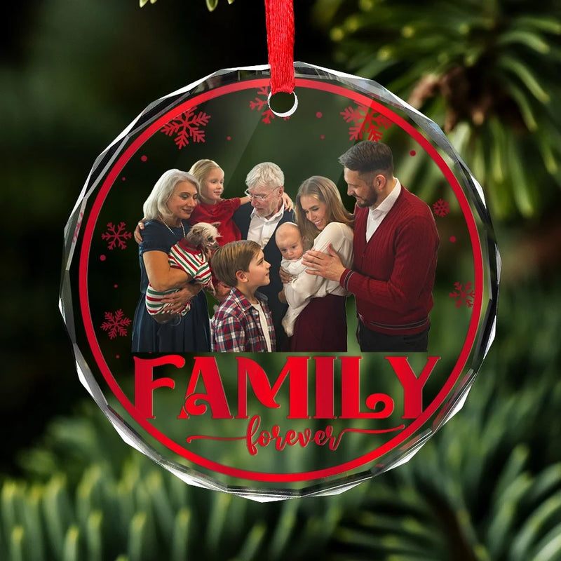 Custom Photo Family Love Grows Warmer At Christmas - Family Personalized Custom Circle Glass Ornament - Christmas Gift For Family Members